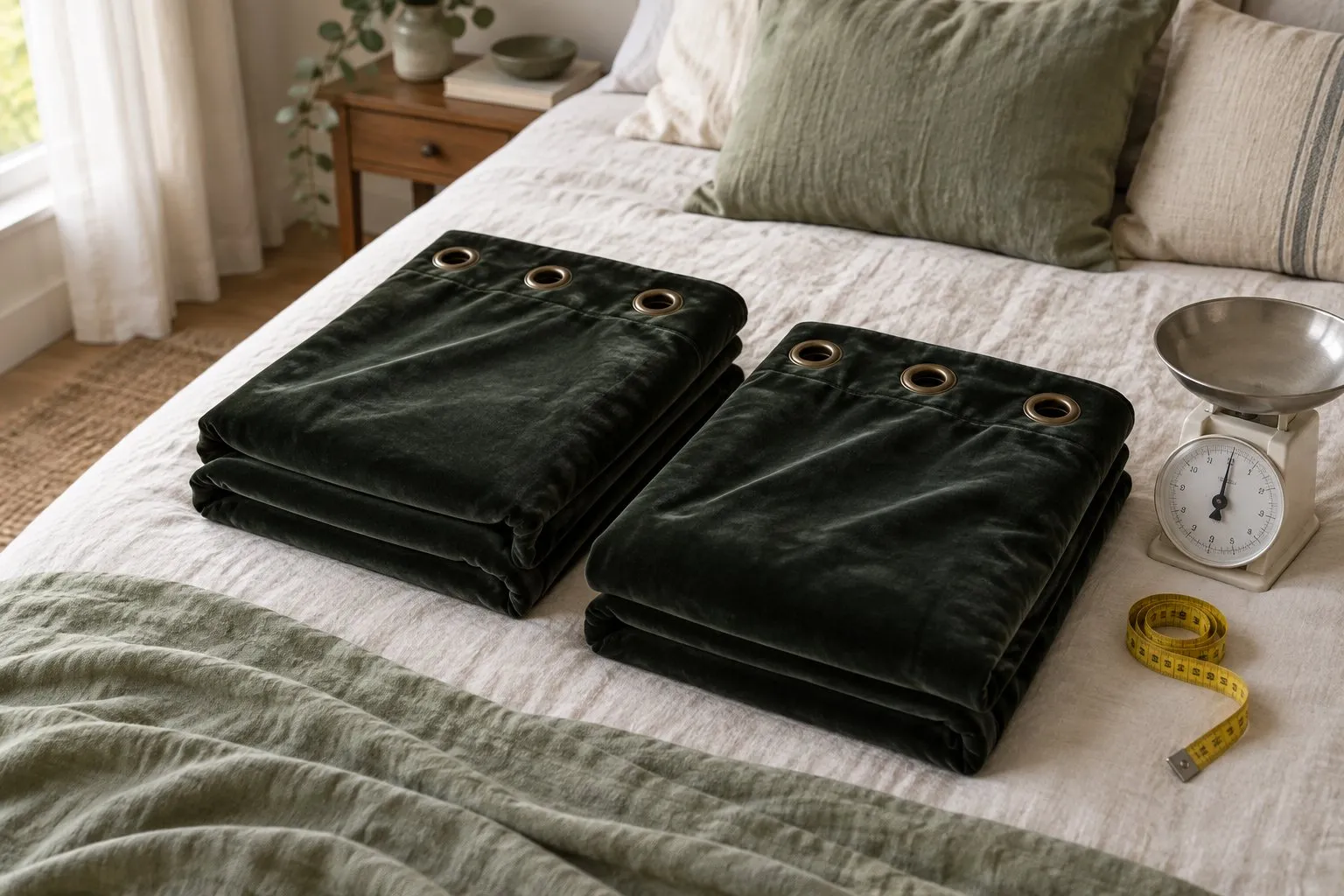 Folded dark velvet curtain panels next to a kitchen scale and a tape measure