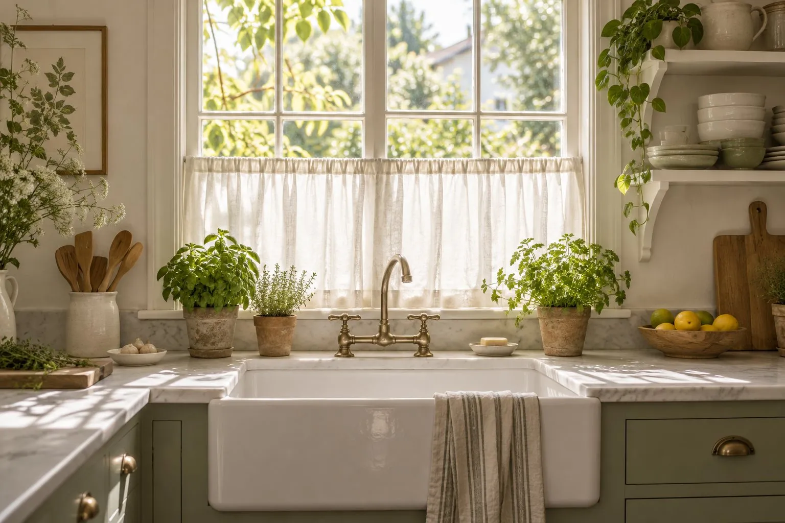 A kitchen window above a sink with a short white cafe curtain across the lower half