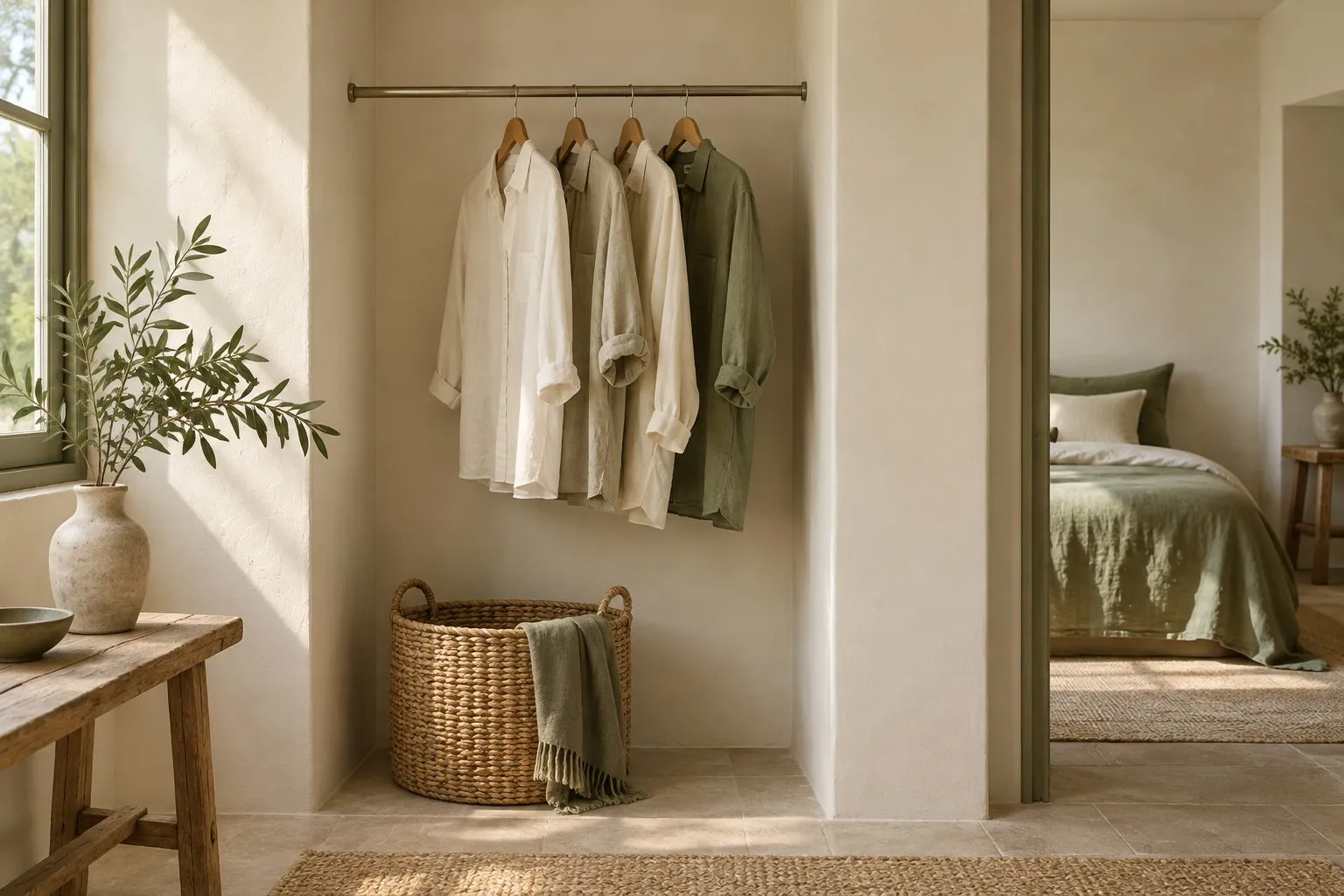A wall alcove used as an open closet, shirts on wooden hangers on a rod between the two side walls