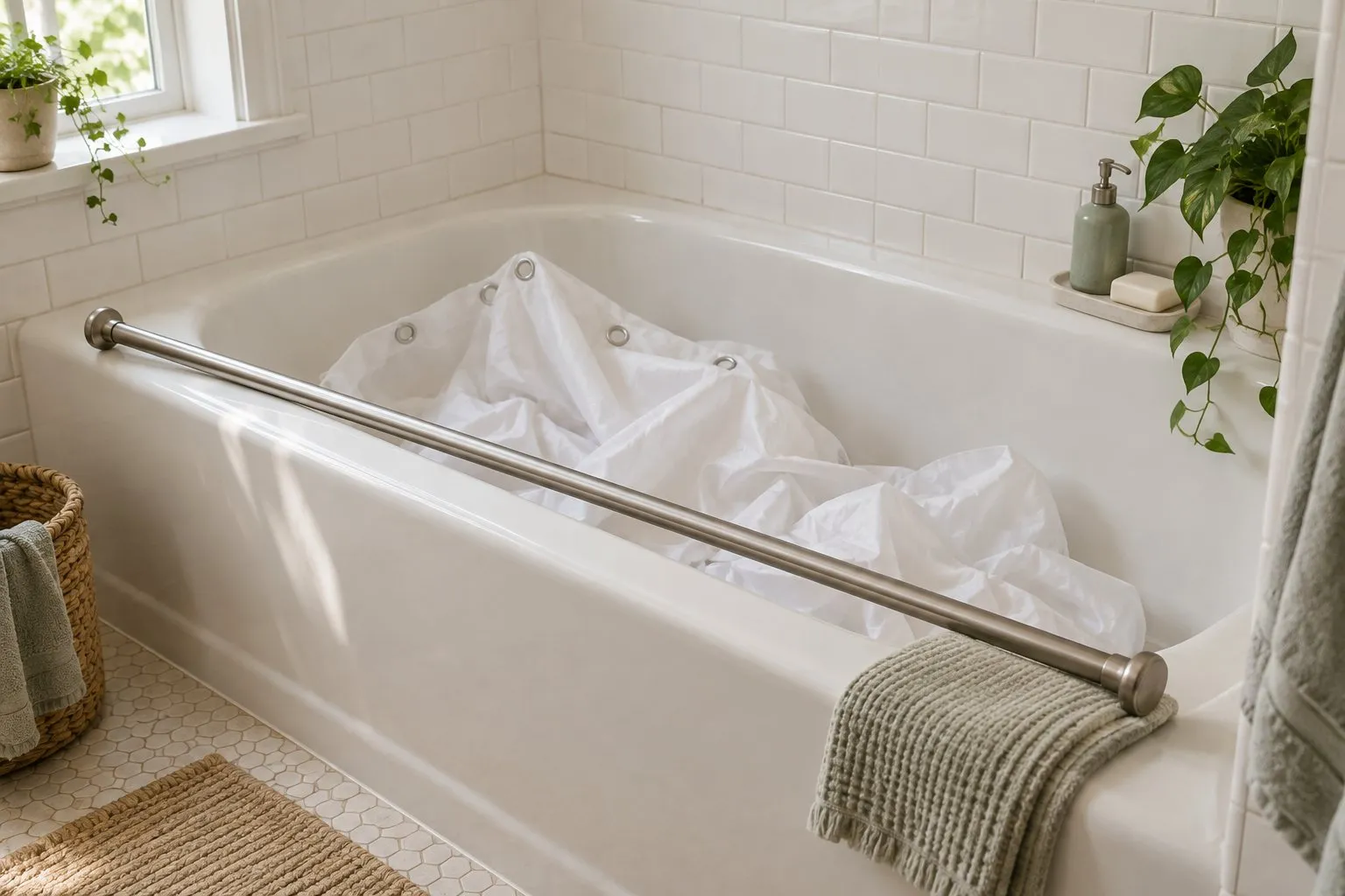 A white shower curtain lying crumpled in a bathtub with a plain rod across the tub edge