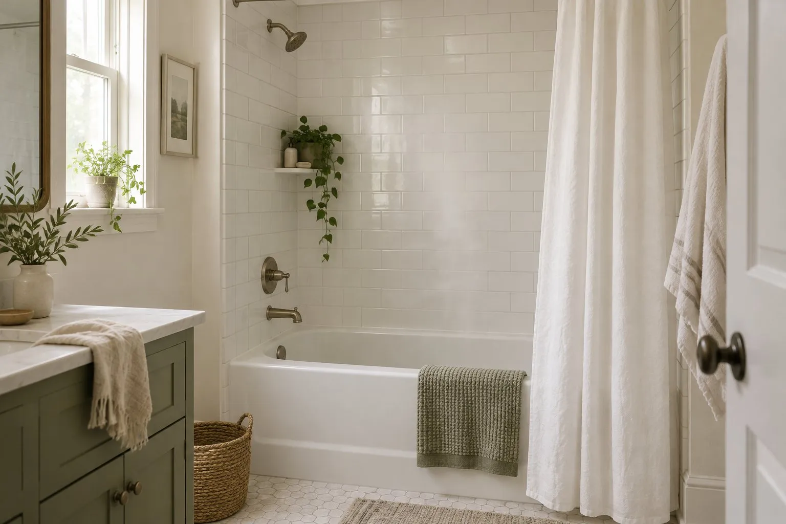 A white tiled tub alcove with a white shower curtain drawn to one side