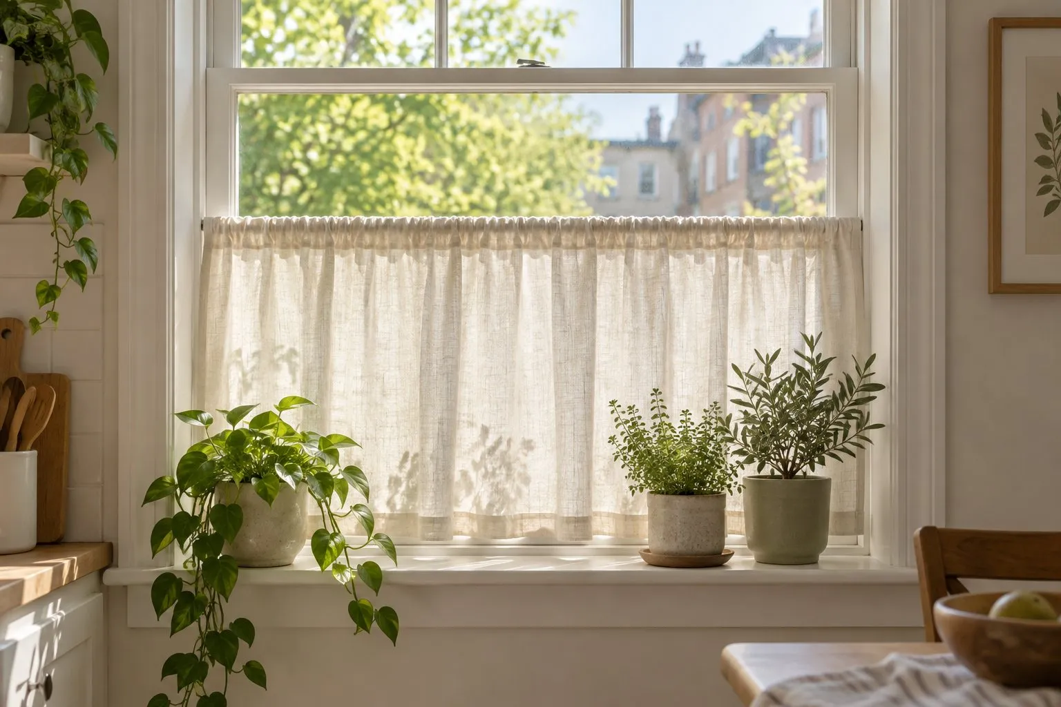 A sunny apartment window with a sheer linen cafe curtain across the lower half and potted plants on the sill